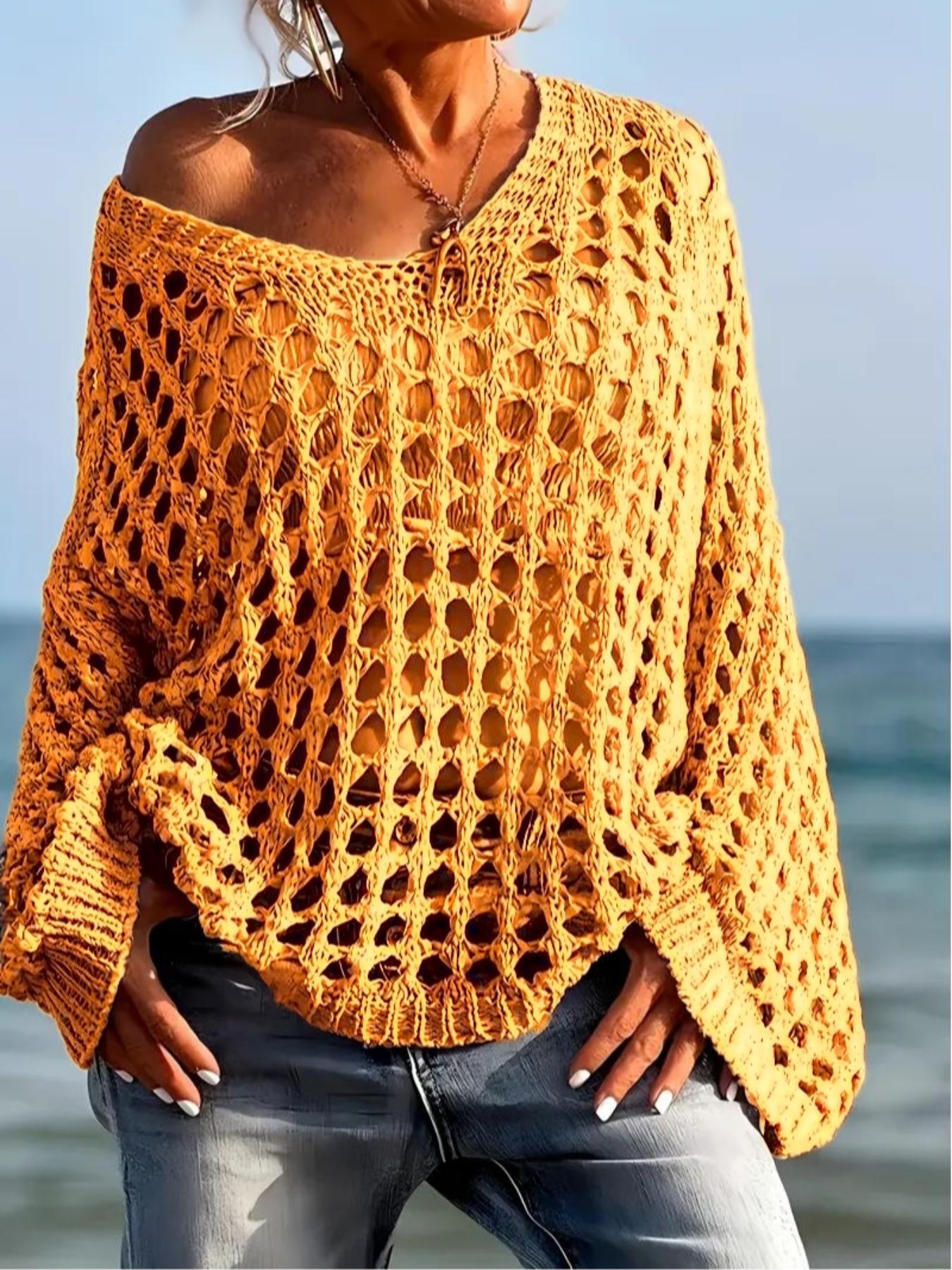 Women's Casual Loose-Fit V Neck Top, Hollow Out Design, Polyester Knit Fabric, Hand Washable, All Season Wear, Knitwear