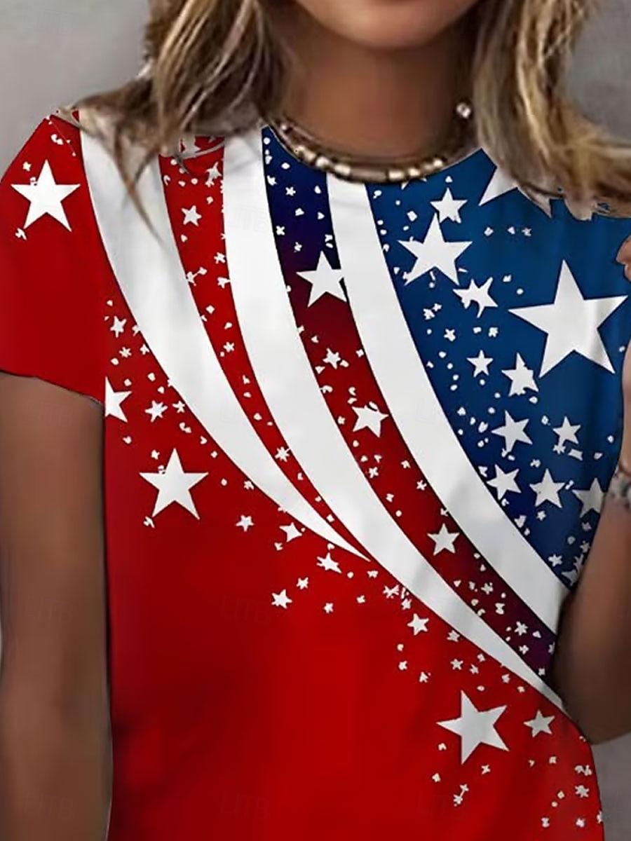 Independence Day Patriotic Women's T Shirt Graphic Flag Vintage Stylish Classic Short Sleeve Crew Neck Regular Tops Daily Weekend Print Red Summer 2026 - KZT 11744.78 &ndash;P3