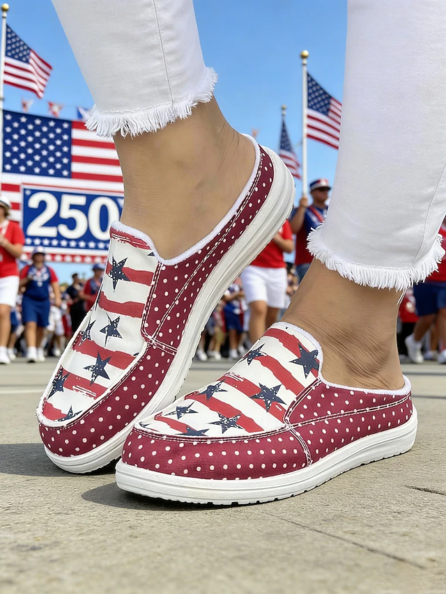 United States 250th Anniversary Women's Red Blue American Flag Print Comfort Mules