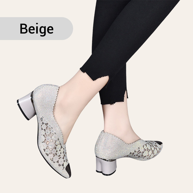 💥HOT SALE 50% OFF✨Hollow mesh sandals with rhinestone and chunky heel