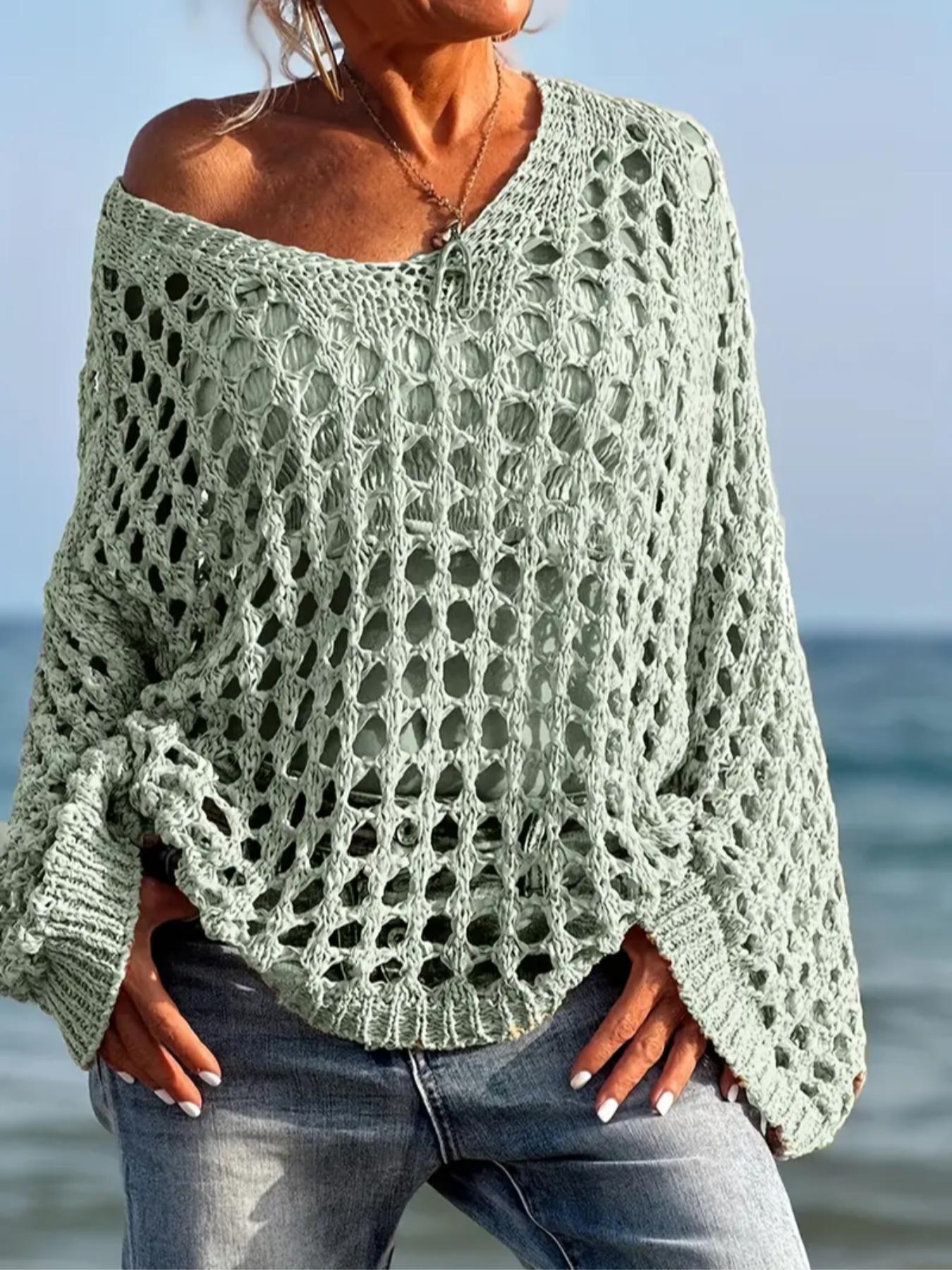 Women's Casual Loose-Fit V Neck Top, Hollow Out Design, Polyester Knit Fabric, Hand Washable, All Season Wear, Knitwear
