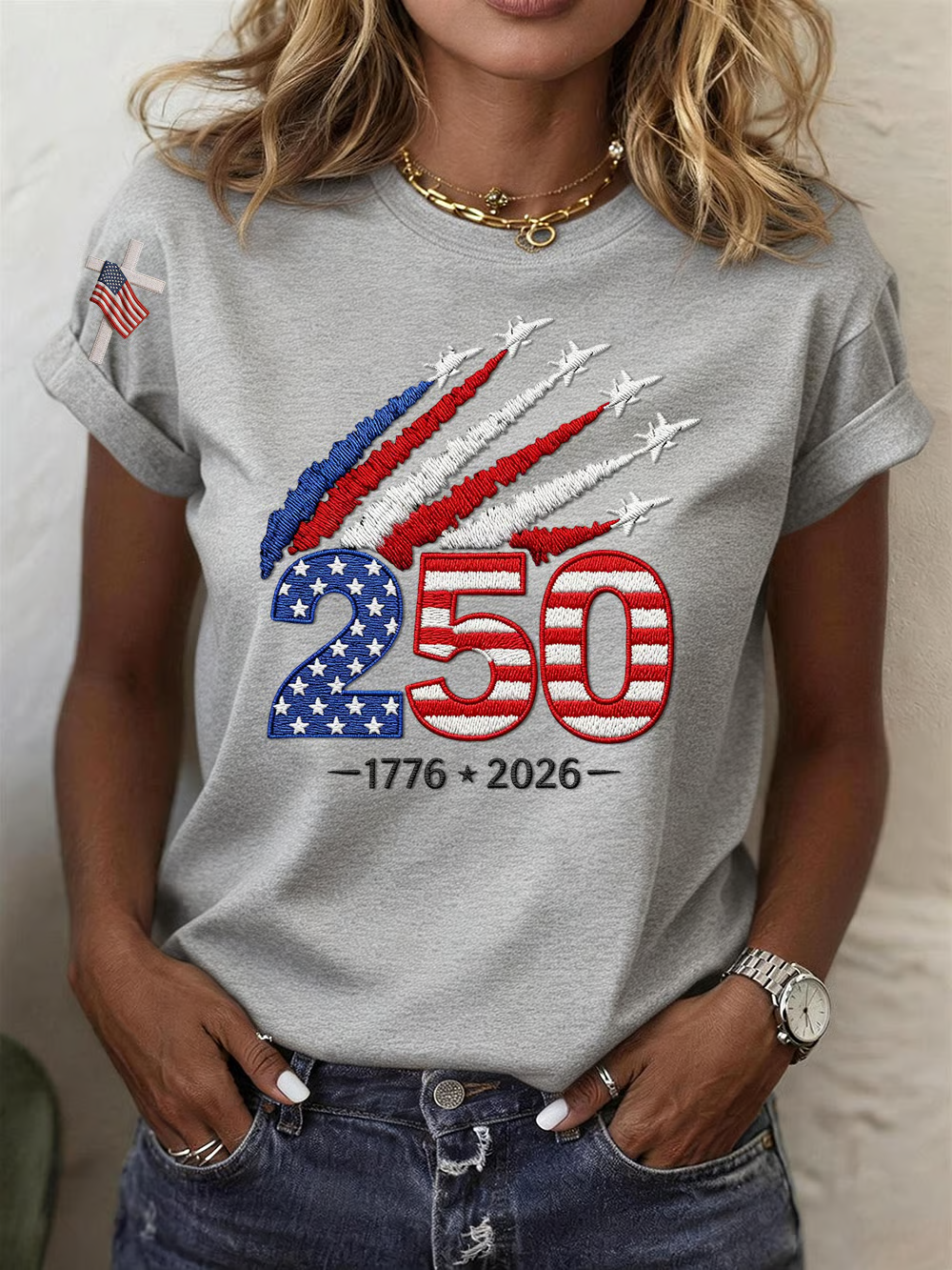 Women USA 250th Anniversary Embroidered Print Crew Neck Short Sleeve T-Shirt