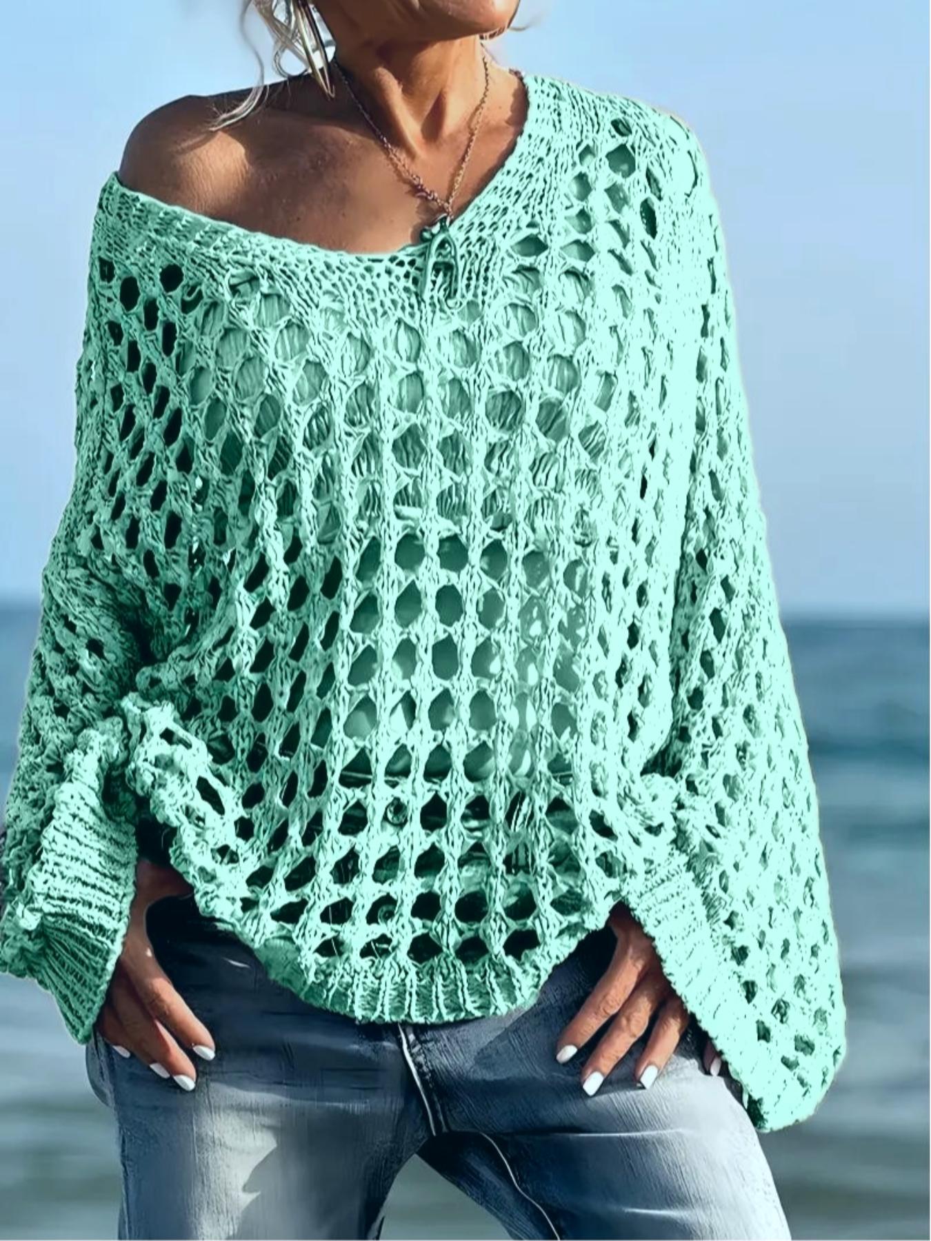 Women's Casual Loose-Fit V Neck Top, Hollow Out Design, Polyester Knit Fabric, Hand Washable, All Season Wear, Knitwear