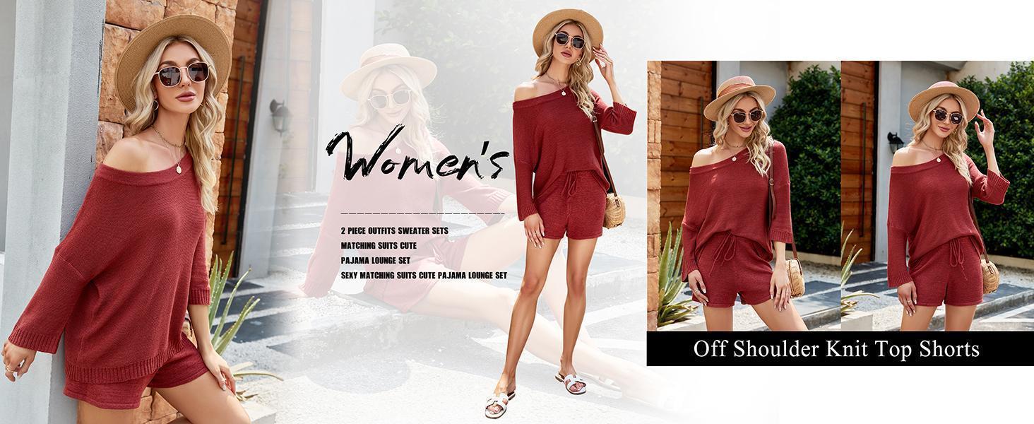 【New】Imily bela Women's 2 Piece Outfits Sweater Sets Off Shoulder Knit Top Shorts Matching Suits Cute Pajama Lounge Set