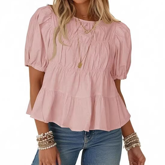 Tiered Round Neck Puff Sleeve Ruched Blouse