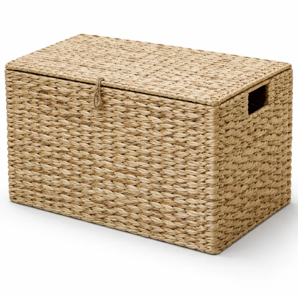 Coffre de rangement en jacinthe d'eau avec couvercle et poignées, style naturel, beige, dimensions L50 x P35 x H34 cm