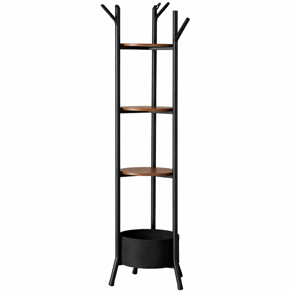 Arbre à vêtements avec étagères et panier tissu, marron rustique