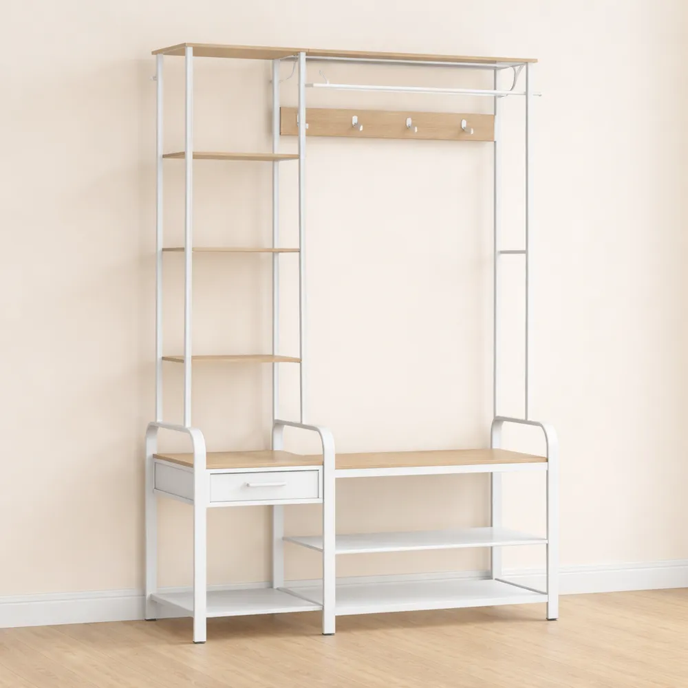 Meuble d'entrée multifonctionnel avec banc et étagères