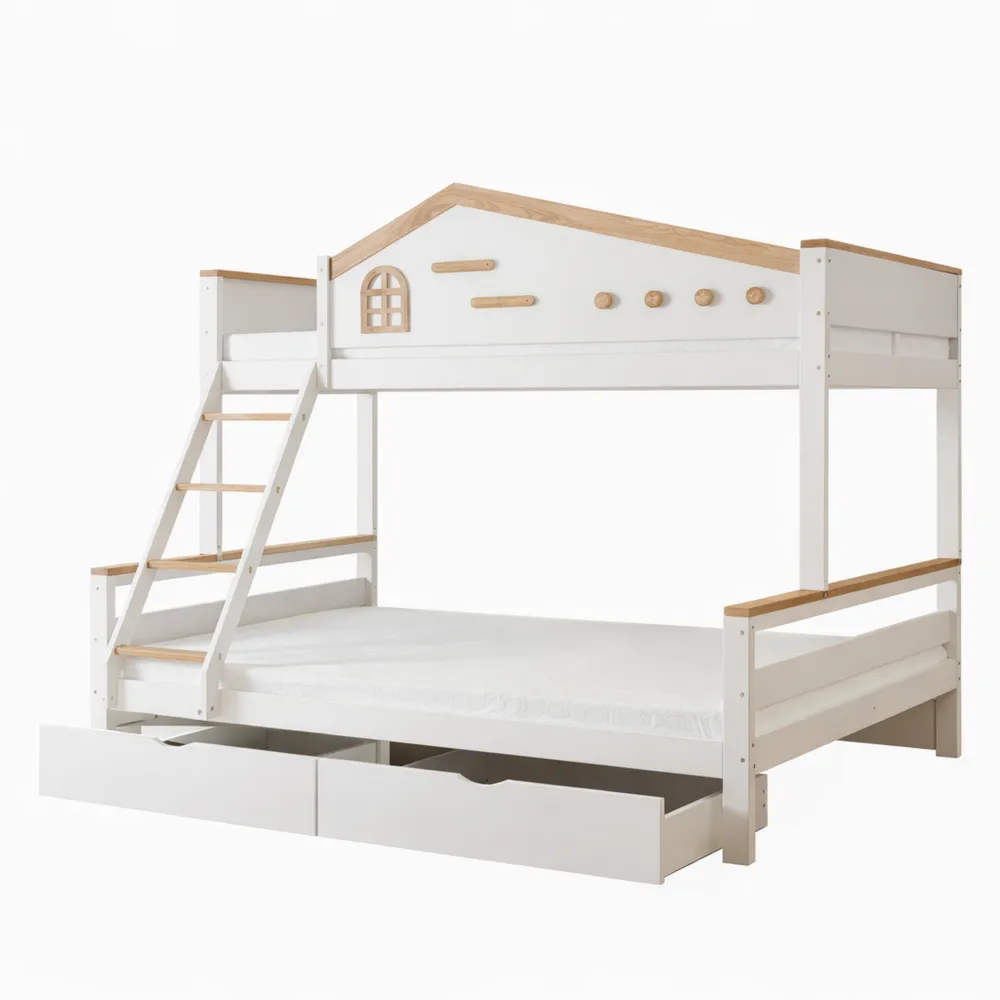 Lit Cabane Enfants avec Étagères et Tiroirs, Escalier Sécurisé, Couchage 3 Places-Birchvik