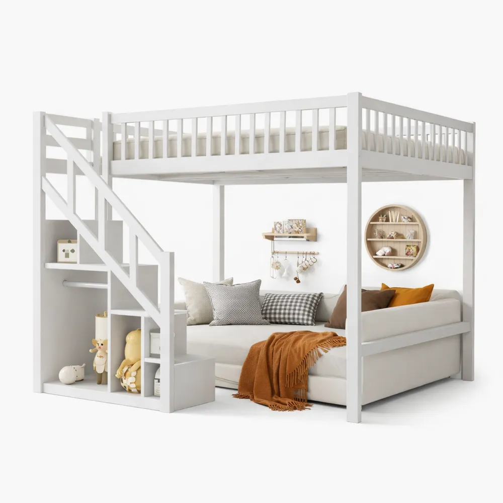 Lit mezzanine avec escalier et rangement intégré, sommier et protection anti-chute inclus-Birchvik