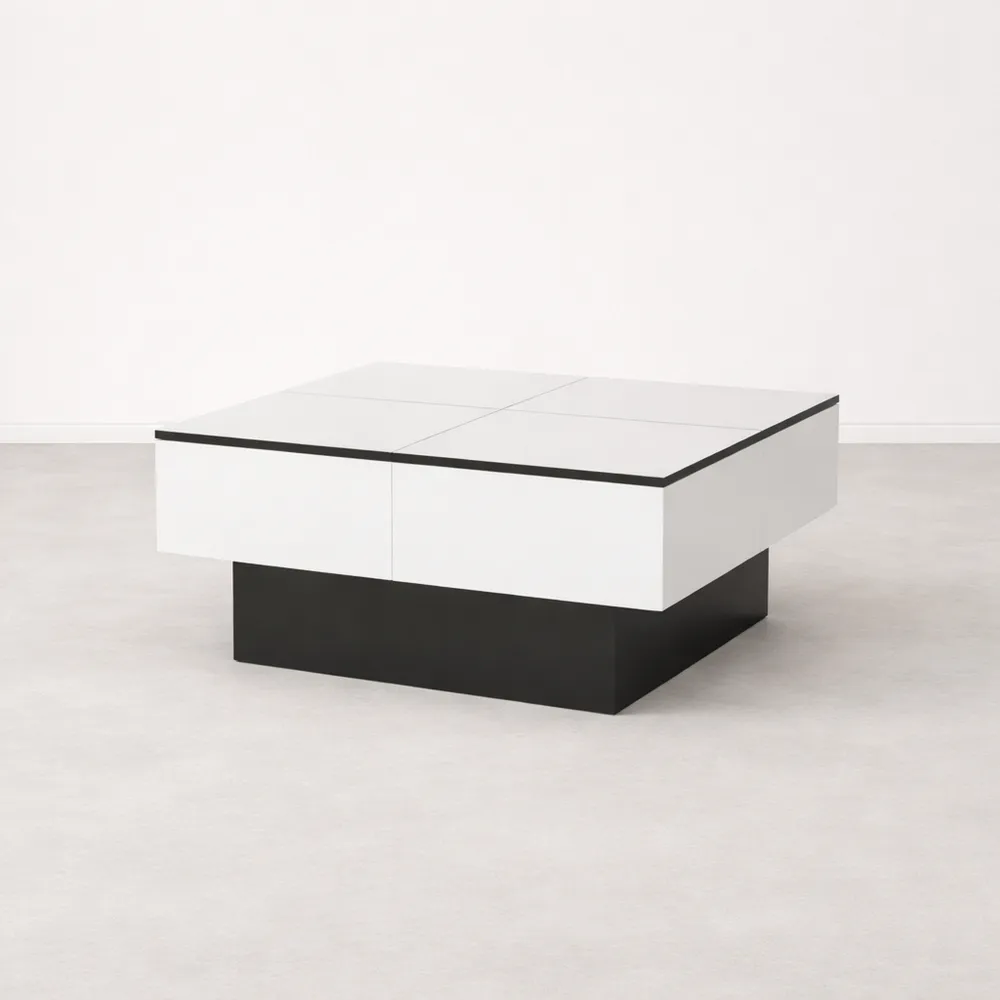 Table basse moderne avec rangement intérieur, finition brillante noire et blanche, 40 x 80 x 60 cm-Cedarrik