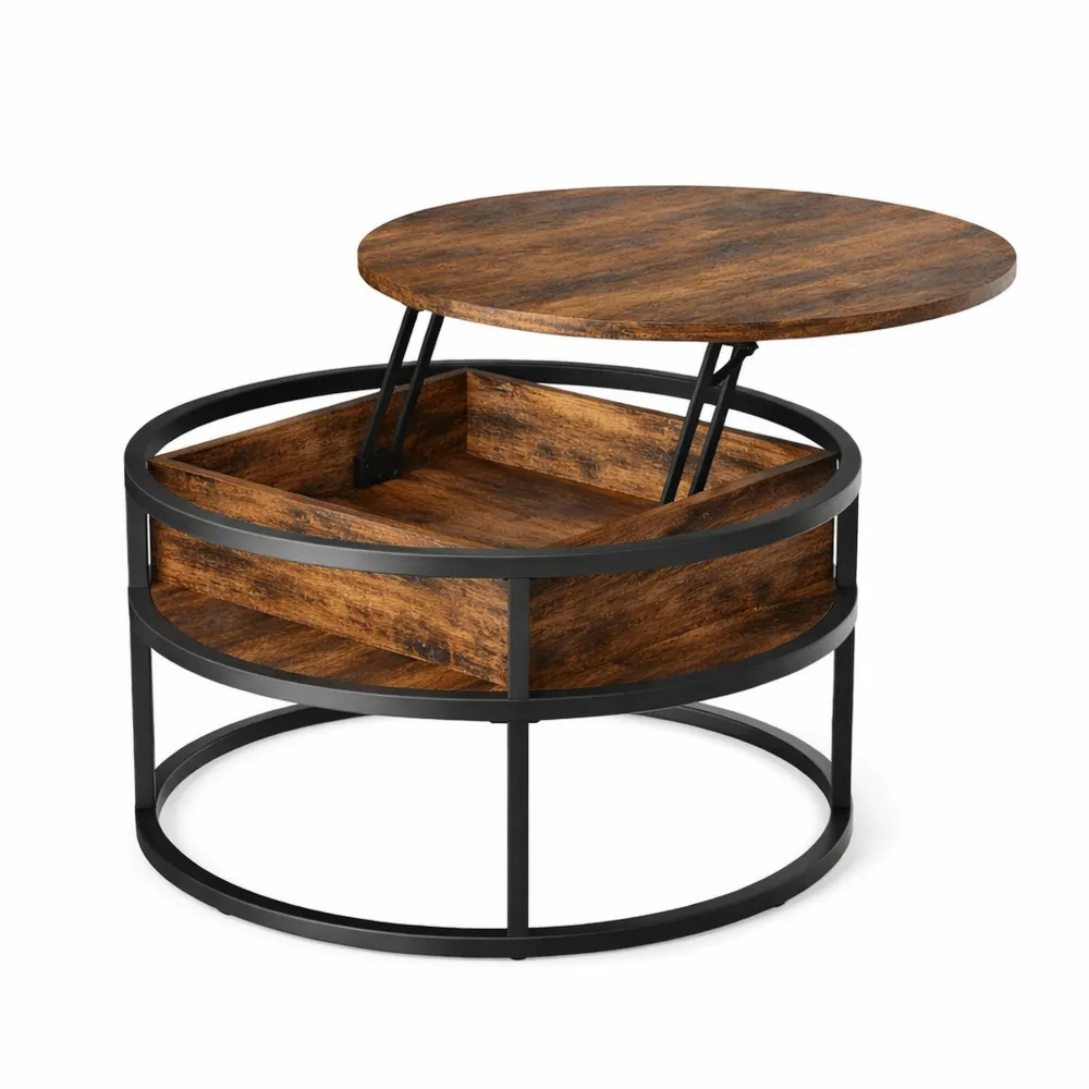 Table basse ronde relevable avec rangement intégré et structure métallique-Cedarrik