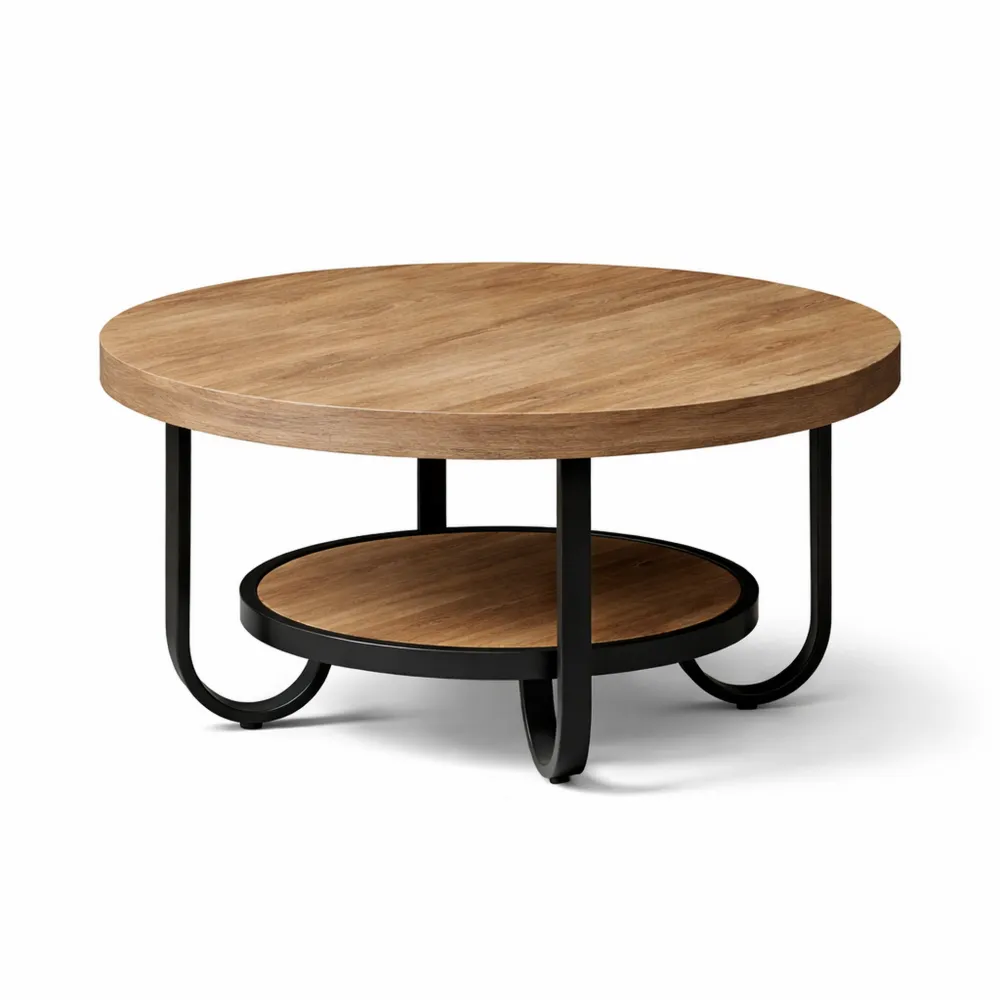 Table basse ronde avec étagère de rangement, style industriel, 79 cm, pieds incurvés en métal, marron-Cedarrik