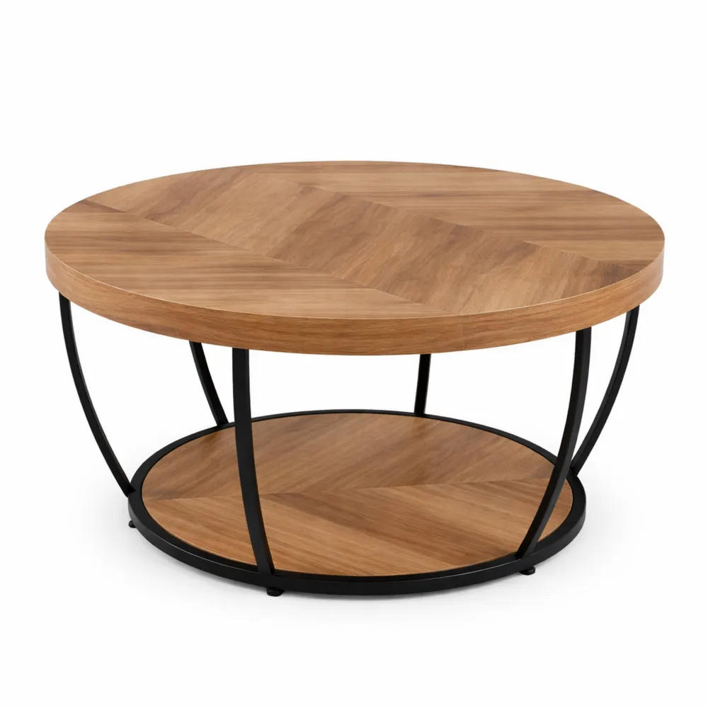 Table basse ronde à 2 niveaux avec structure métallique, style industriel, 80 cm-Cedarrik