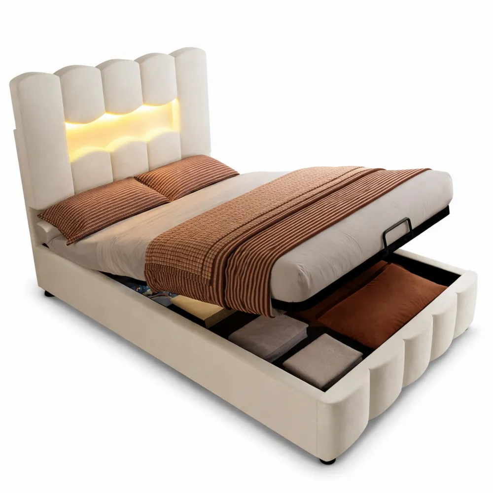 Lit Simple avec Coffre et Éclairage LED, Espace de Rangement Caché, Tête de Lit Réglable-Cedarrik