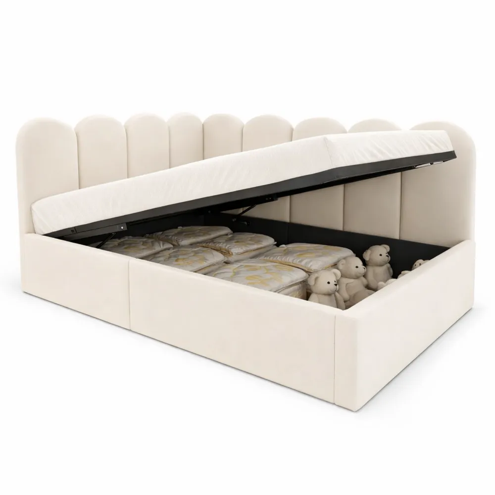 Lit Simple Rembourré avec Espace de Rangement intégré, Cadre Métallique à Lattes, Design Moderne (90x190 cm, Beige)-Cedarrik