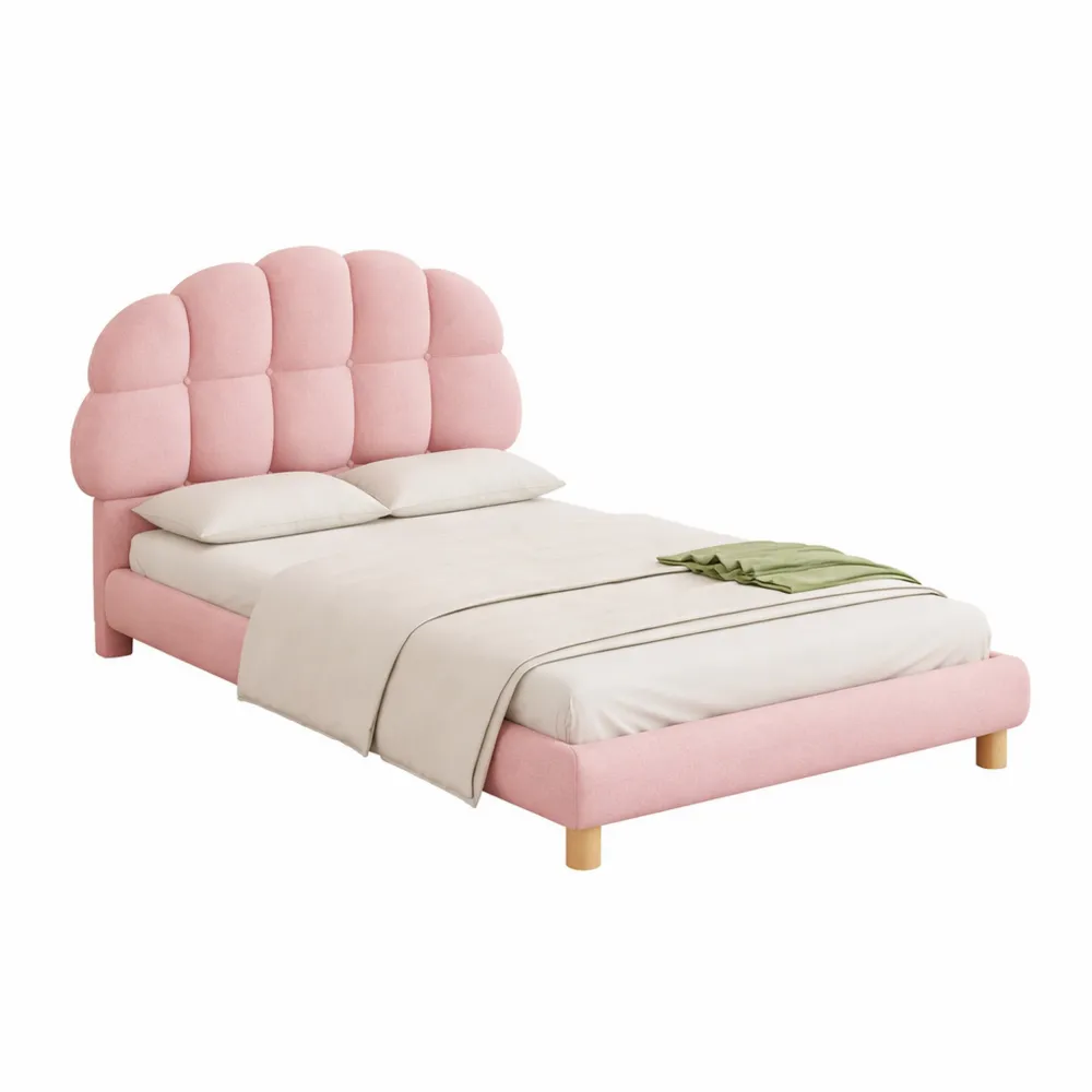 Cadre de Lit Simple Rembourré 90x200 cm avec Tête de Lit, Rose-Cedarrik