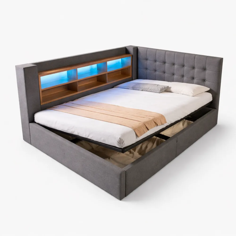 Lit double rembourré avec éclairage LED et rangement intégré-Cedarrik