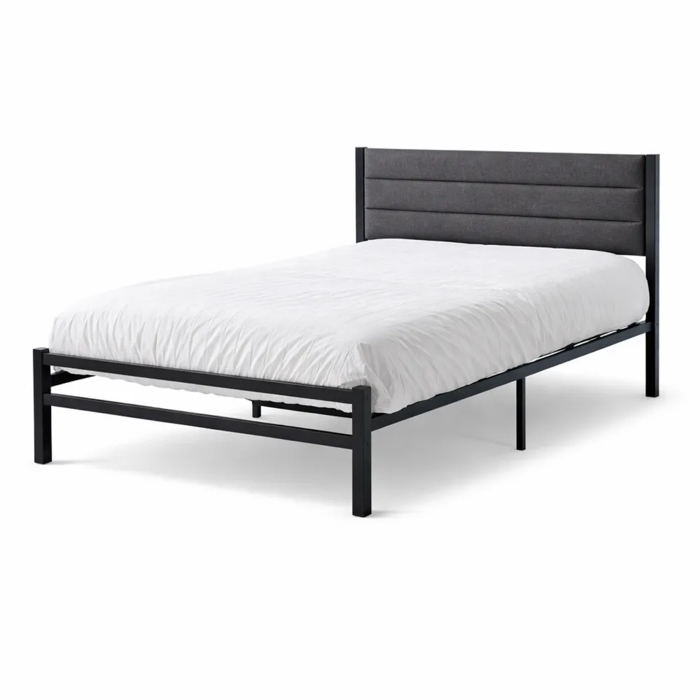 Lit simple en métal avec sommier à lattes, 90 x 200 cm, design moderne, tête de lit incluse, gris foncé-Cedarrik