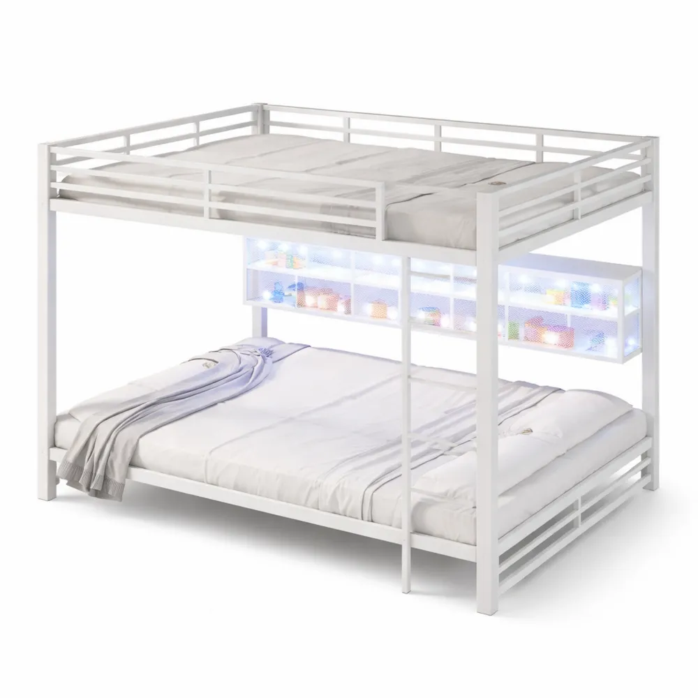 Lit mezzanine 140x200 cm avec éclairage LED et rangements intégrés, cadre métallique et barrières de sécurité-Cedarrik