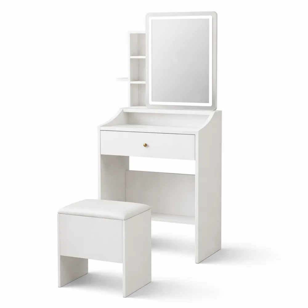 Coiffeuse avec miroir éclairé et tabouret, 3 réglages de luminosité, 62x150 cm, blanche-Cedarrik