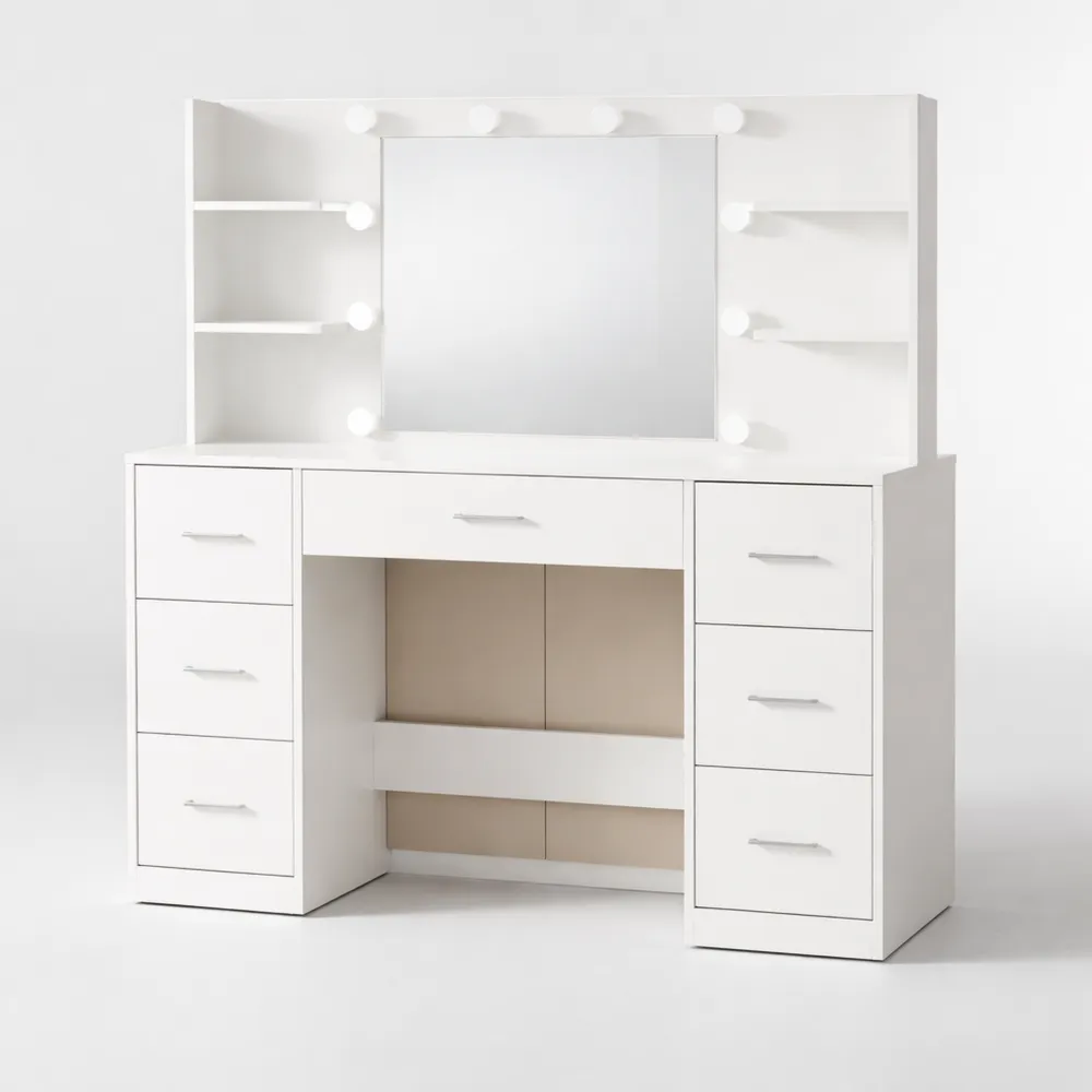 Table de Maquillage avec Miroir, Lumière LED et Rangement Multiple-Cedarrik