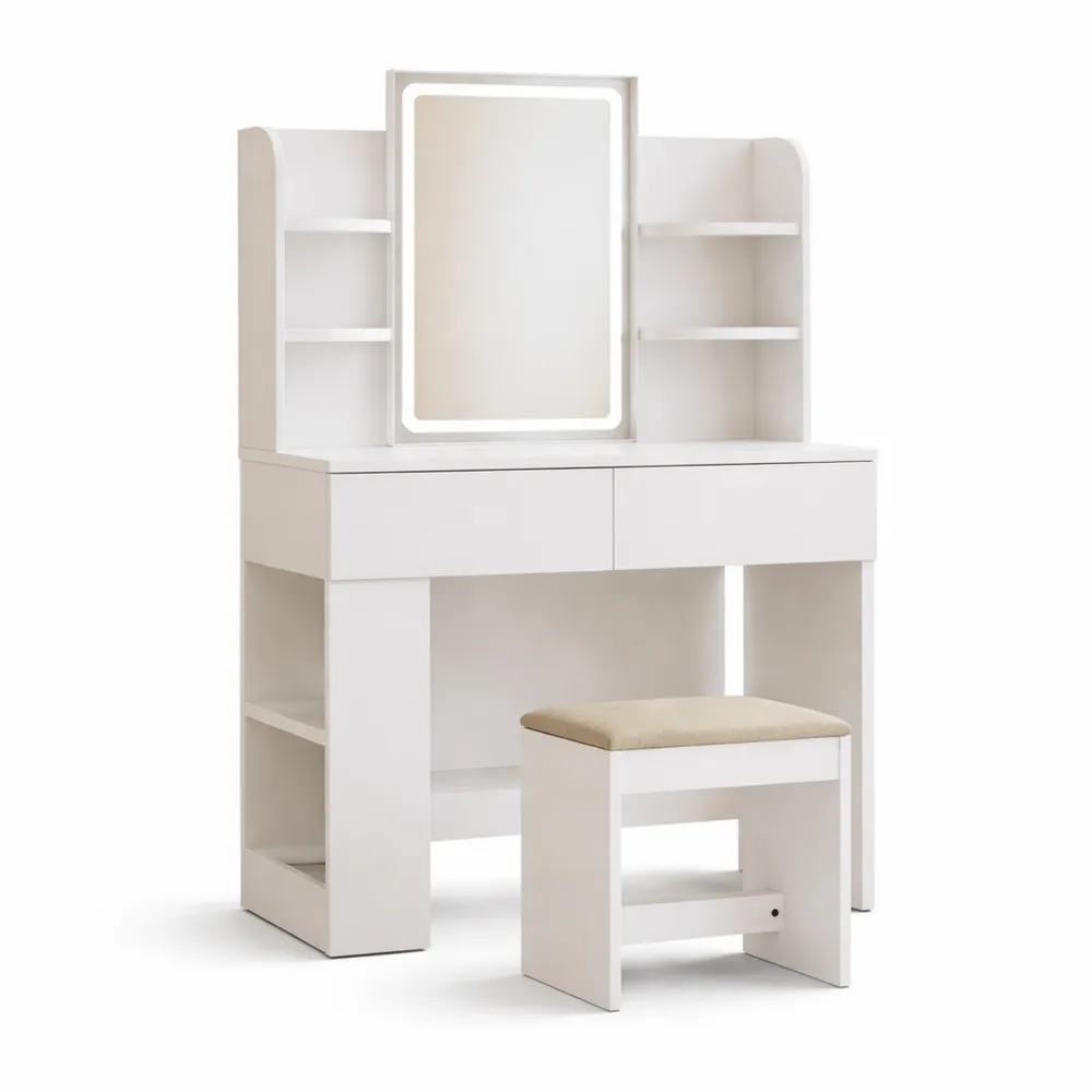 Table de Maquillage Moderne avec Miroir LED et Tabouret, Éclairage Réglable, 2 Tiroirs et Rangement Latéral-Cedarrik