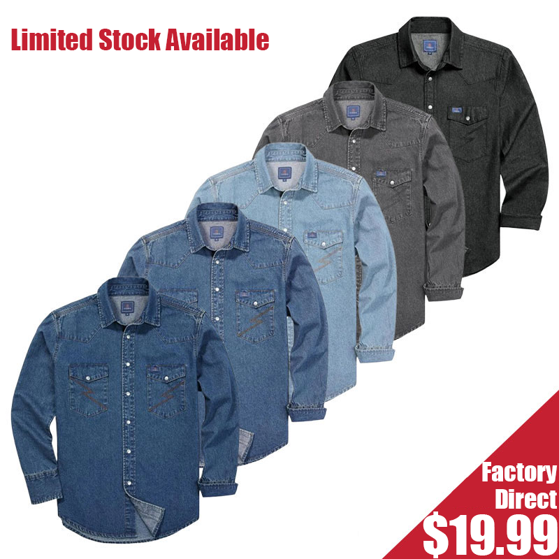 🔥Factory Direct🔥Men's Long Sleeve Stone-Washed and Pre-Washed Denim Work Shirt