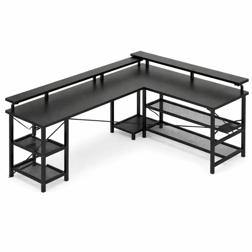 Grande Table de Jeu Réversible avec Éclairage LED et Ports USB, Bureau d'Angle avec Étagère Maille
