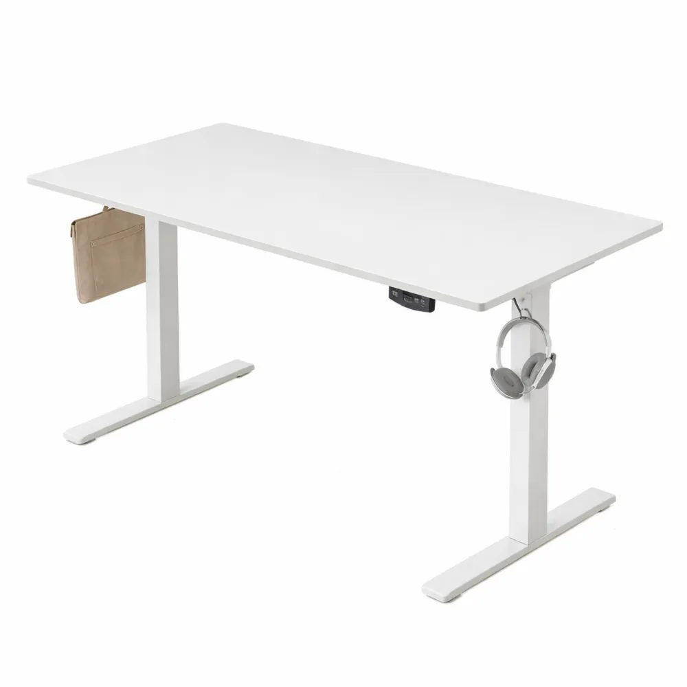 Bureau ergonomique réglable en hauteur avec commande électrique et manuelle, surface 100 x 60 cm, pour position assise ou debout, couleur blanche