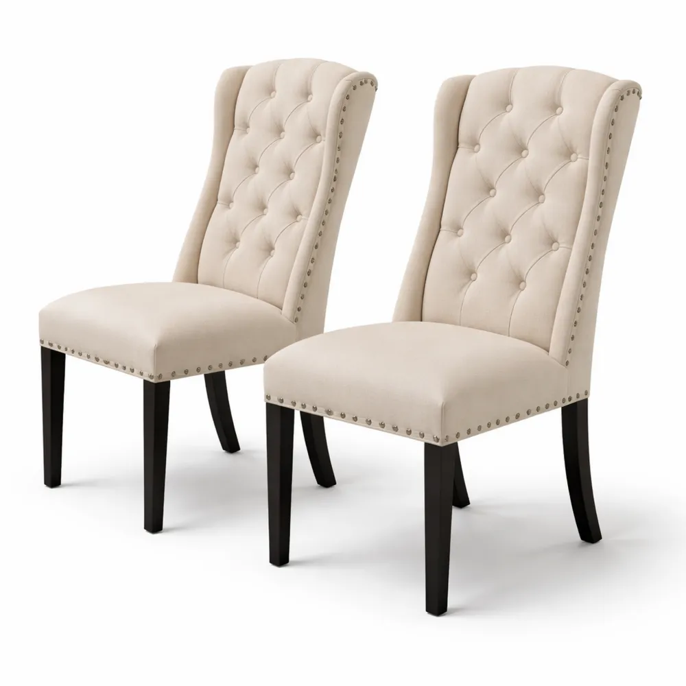 Ensemble de 2 chaises de salle à manger en tissu lin avec pieds en bois