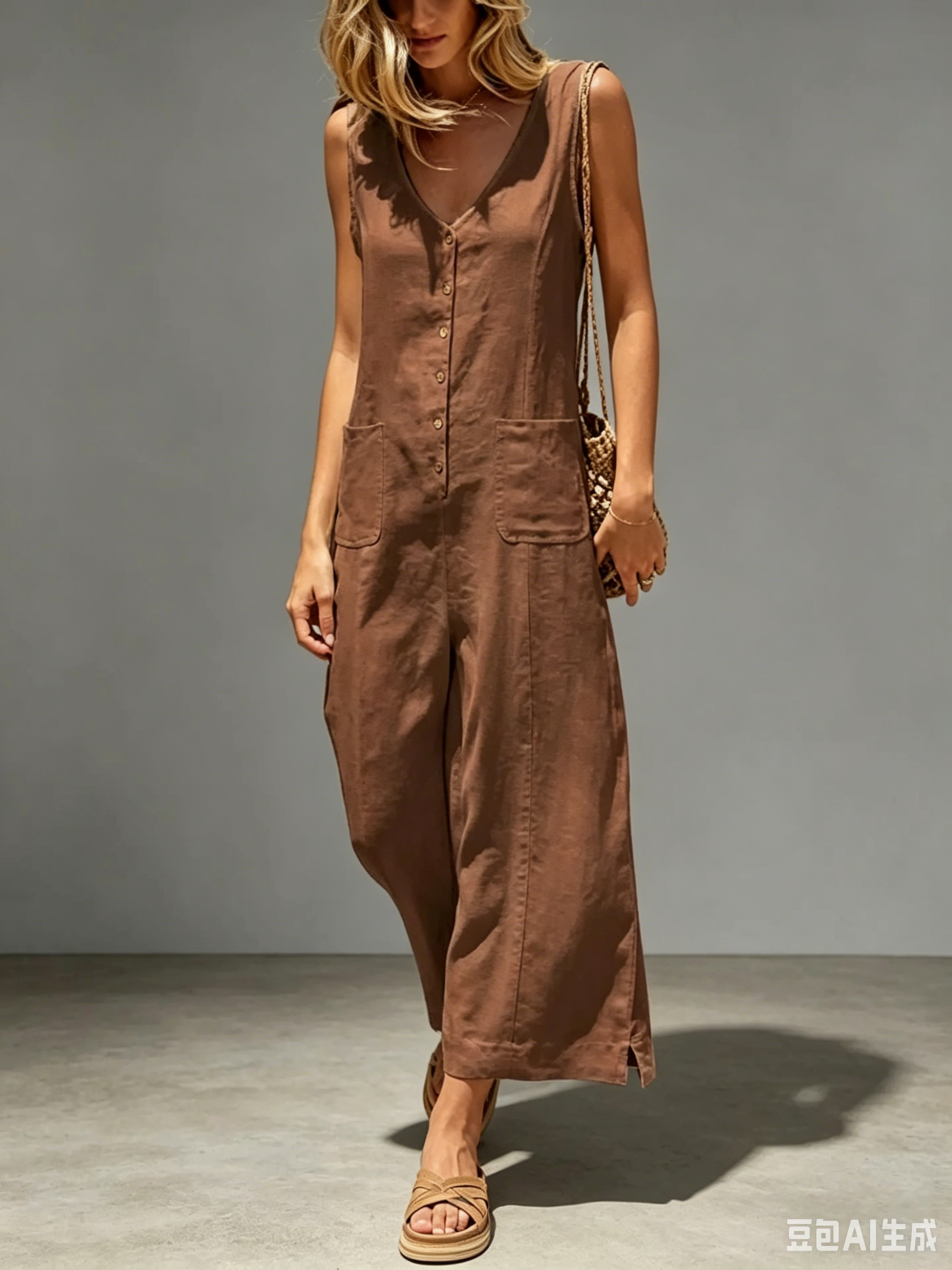 Women Button Down Jumpsuits Cotton Linen Sleeveless Casual Wide Legs Rompers Loose Overall with Pockets SummerVibes Womenswear