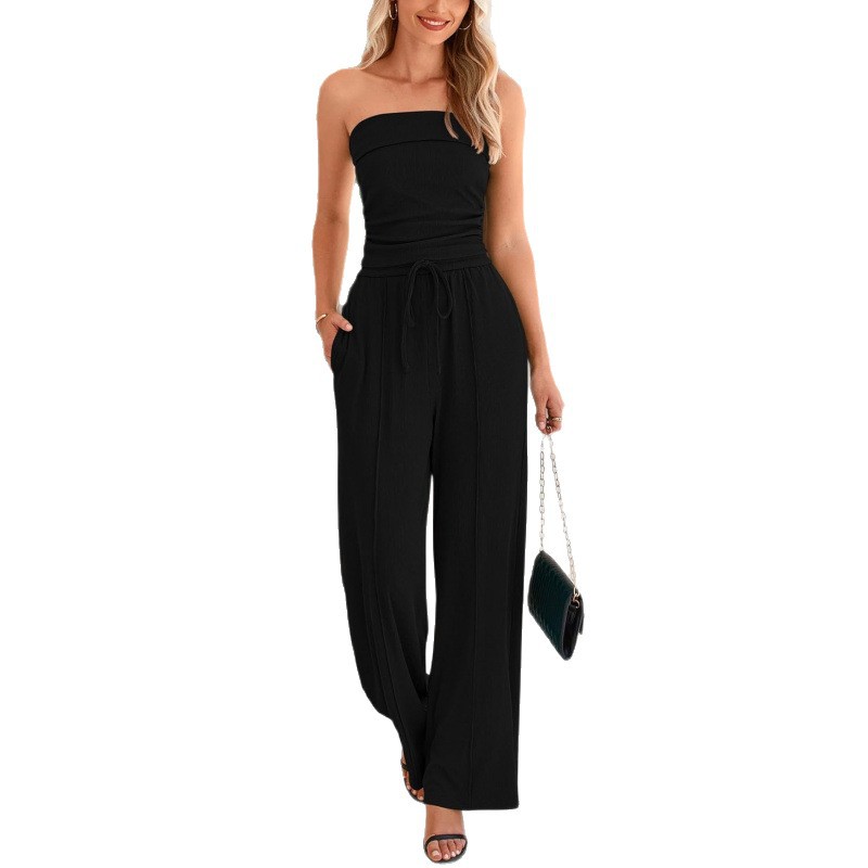 Cross-Border Hot-Selling Amazon Exclusive Women'S Summer 2-Piece Casual Ribbed Knitted Navel-Baring Tube Top Wide-Leg Pants
