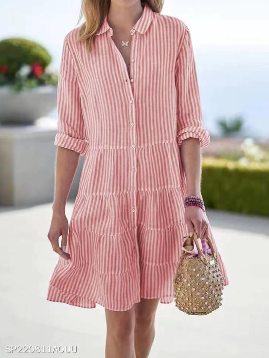 Women's Summer Striped Shirt Dress Half-Button Mini Cake Dress Loose Casual Rolled-Sleeve Design Layered Dress