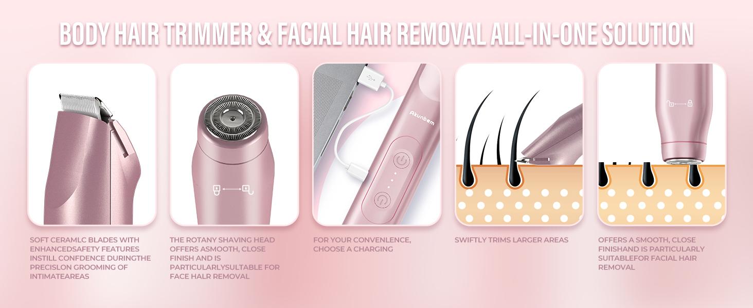 Akunbem Bikini Trimmer for Women, Electric Shaver and Razor Rechargeable 2-in-1 Body and Facial Epilator, Dual Heads for Painless Trimming of Pubic Hair, Face, Underarms and Legs, IPX7 Waterproof. Christmas Gift New Year Gift Shaving Grooming