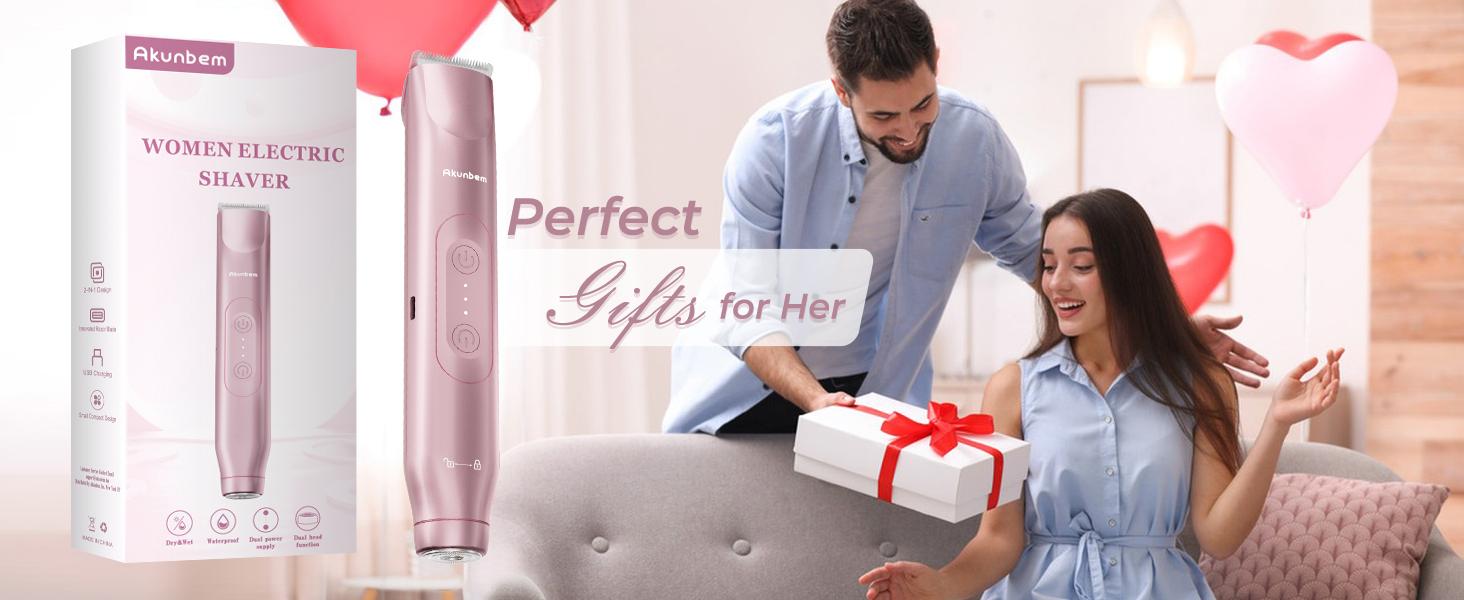 Akunbem Bikini Trimmer for Women, Electric Shaver and Razor Rechargeable 2-in-1 Body and Facial Epilator, Dual Heads for Painless Trimming of Pubic Hair, Face, Underarms and Legs, IPX7 Waterproof. Christmas Gift New Year Gift Shaving Grooming