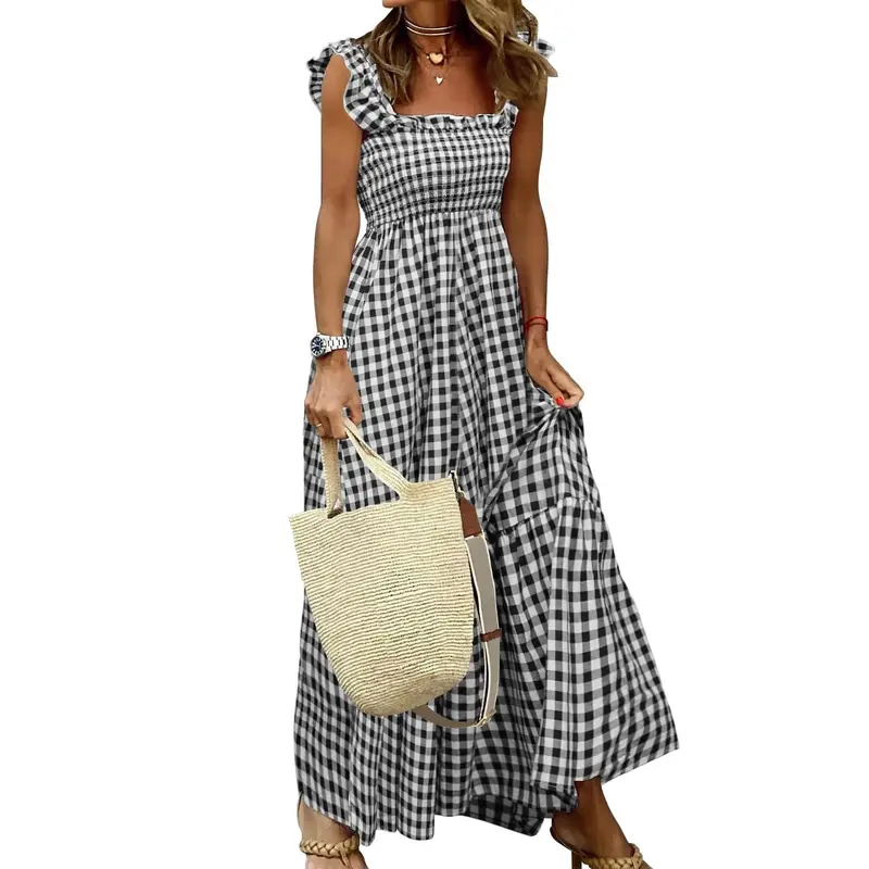 2023 European And American Independent Station Amazon Summer Temperament Women'S Collage Plaid Suspender Elastic Swing Dress