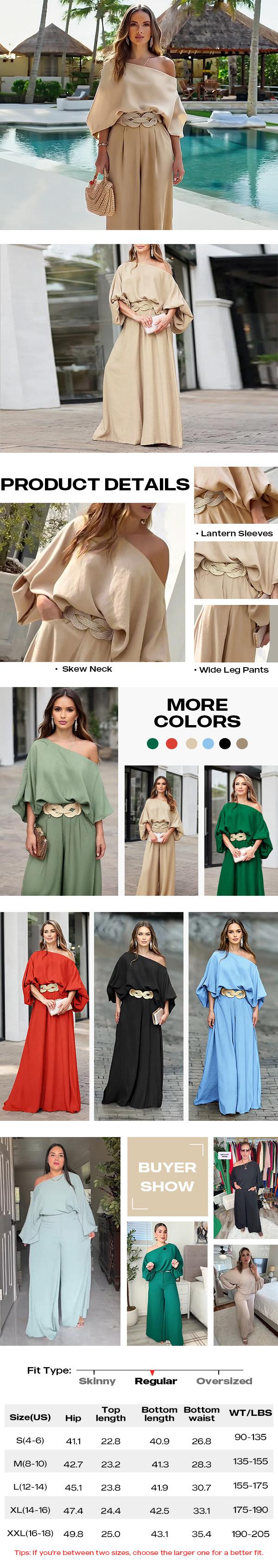 2026 ChicMe Women's Skew Neck Lantern Sleeve Top & Wide Leg Pants Set & Wedding Gust