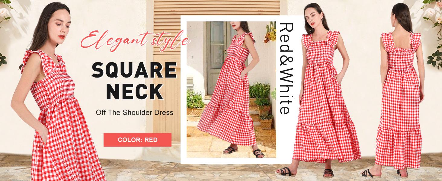 Chouyatou Women's Retro Plaid Smocked Dress Spaghetti Strap Flounce Long Casual Sleeveless Flowy Evening Fashion Basic with Pockets Womenswear Cute Elegant Plus Size Hide Belly Dress