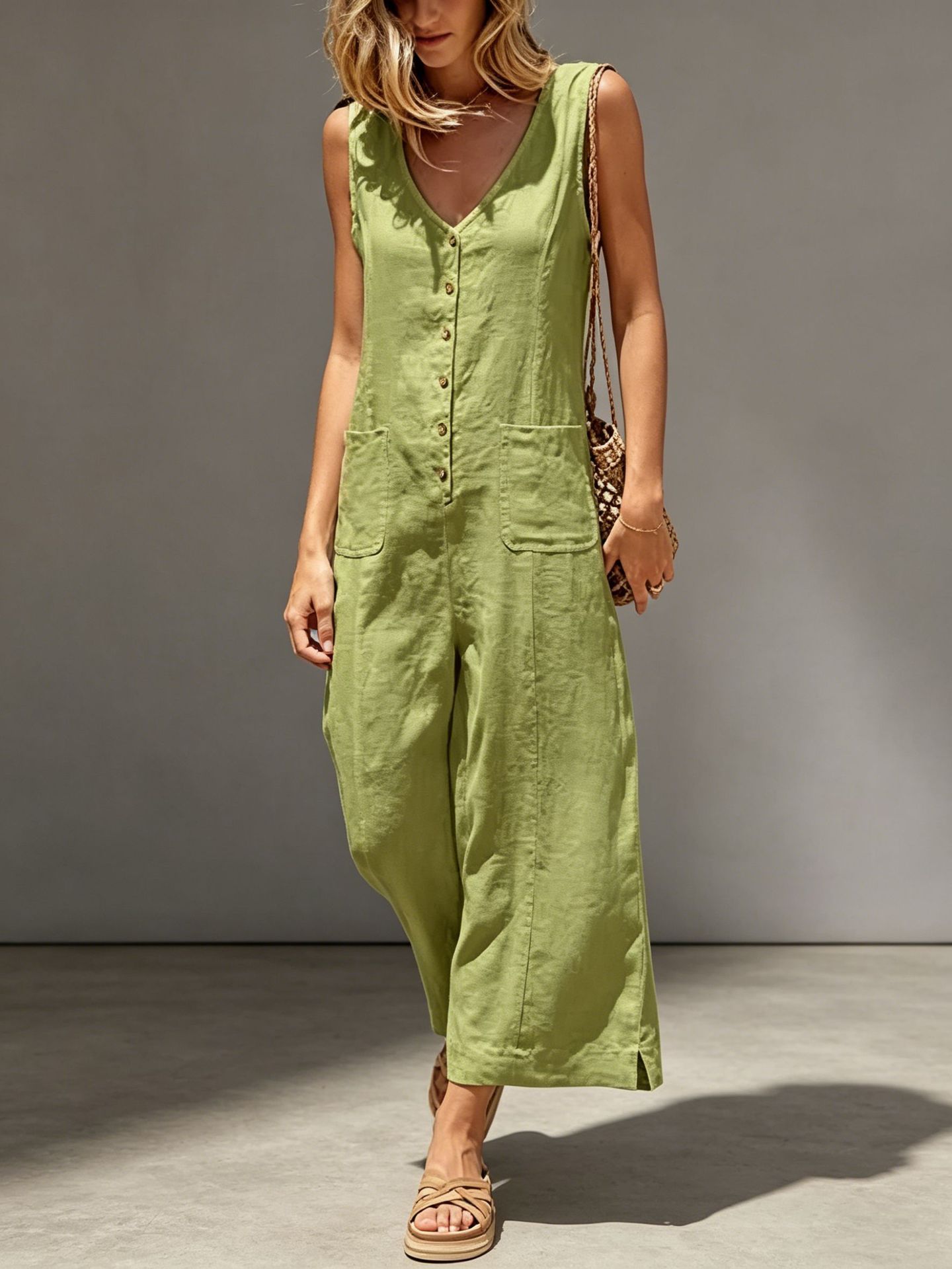 Women Button Down Jumpsuits Cotton Linen Sleeveless Casual Wide Legs Rompers Loose Overall with Pockets SummerVibes Womenswear