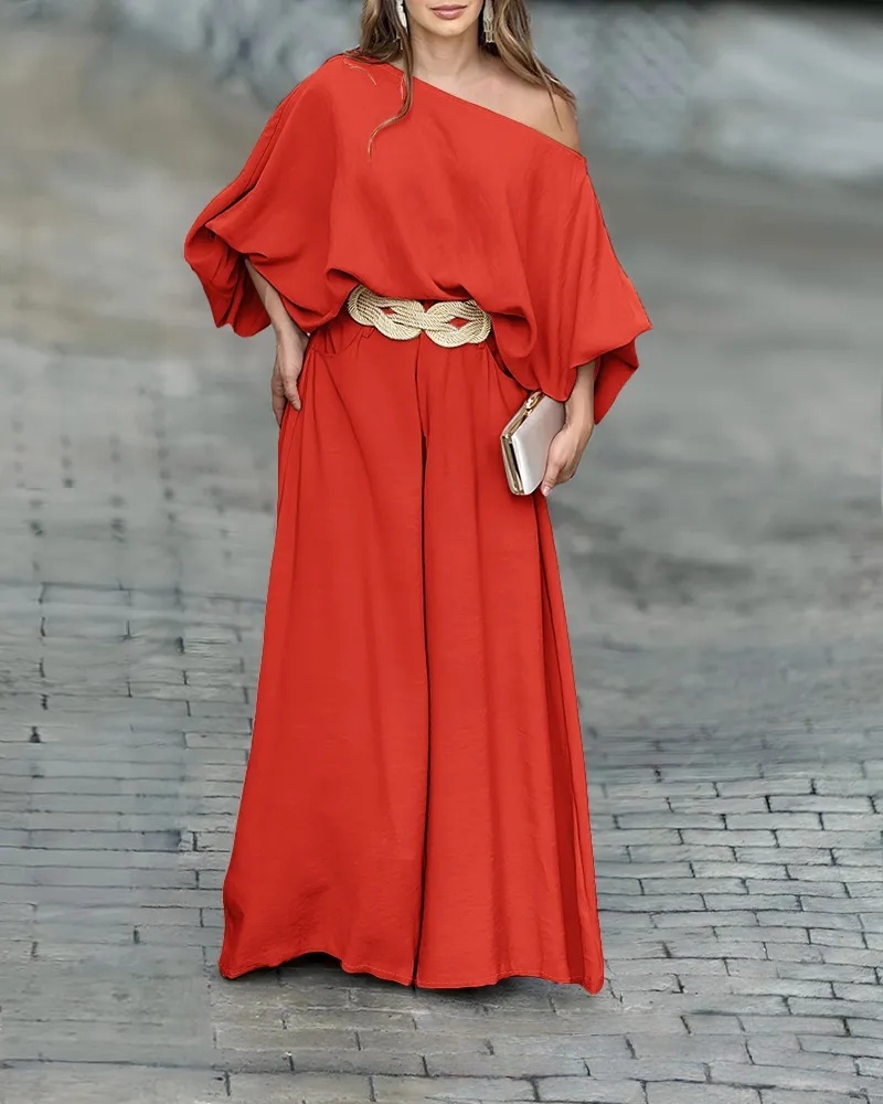 2026 ChicMe Women's Skew Neck Lantern Sleeve Top & Wide Leg Pants Set & Wedding Gust