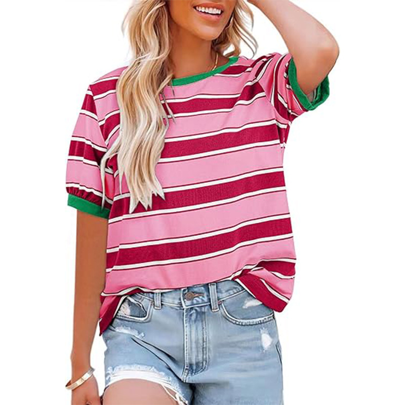 2026 Summer New Women's Striped Color Block Short-Sleeve T-Shirt, Crew Neck Casual Loose Basic T-Shirt, Breathable, Lightweight, Soft and Durable.