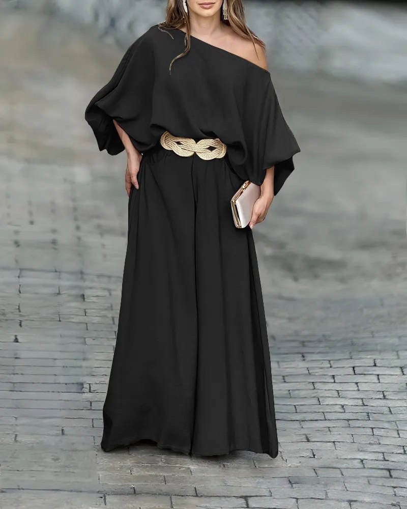 2026 ChicMe Women's Skew Neck Lantern Sleeve Top & Wide Leg Pants Set & Wedding Gust