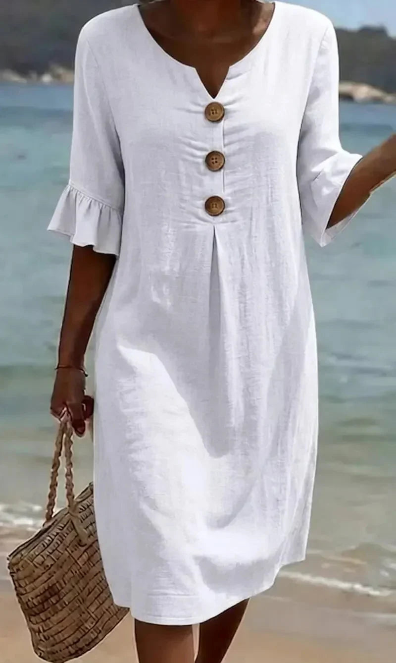 2026 | Textured Linen Dress — Puff Sleeves & Button Details