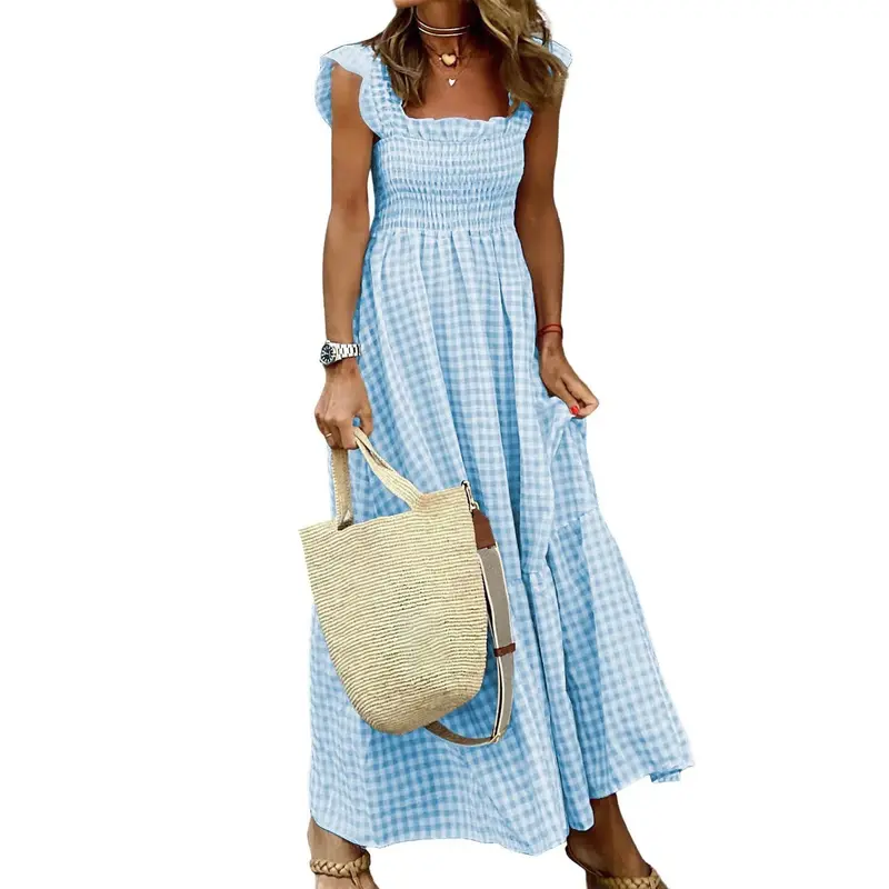 2023 European And American Independent Station Amazon Summer Temperament Women'S Collage Plaid Suspender Elastic Swing Dress