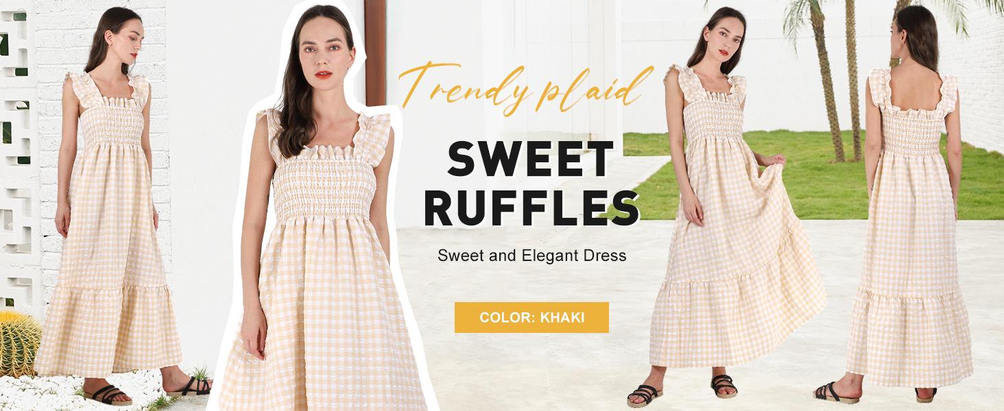 Chouyatou Women's Retro Plaid Smocked Dress Spaghetti Strap Flounce Long Casual Sleeveless Flowy Evening Fashion Basic with Pockets Womenswear Cute Elegant Plus Size Hide Belly Dress