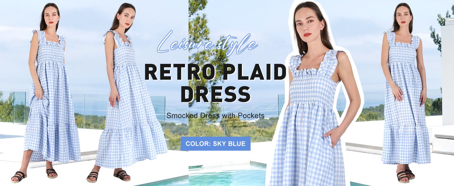 Chouyatou Women's Retro Plaid Smocked Dress Spaghetti Strap Flounce Long Casual Sleeveless Flowy Evening Fashion Basic with Pockets Womenswear Cute Elegant Plus Size Hide Belly Dress