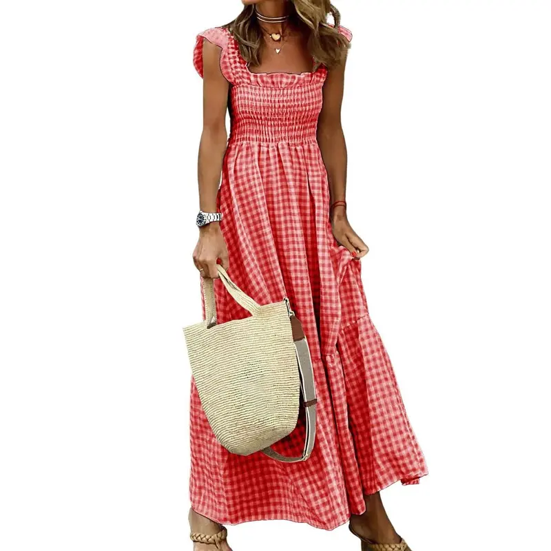 2023 European And American Independent Station Amazon Summer Temperament Women'S Collage Plaid Suspender Elastic Swing Dress