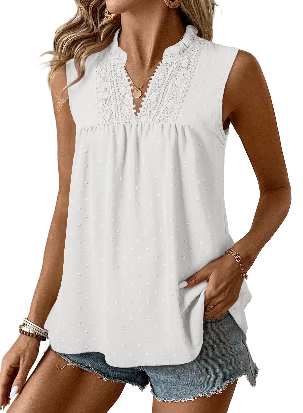 Women's Tank Top Lace Casual V Neck Elegant Swiss Dot Smocked Sleeveless T Shirts Tops 2026 Womenswear Fashion Outfits SummerVibes