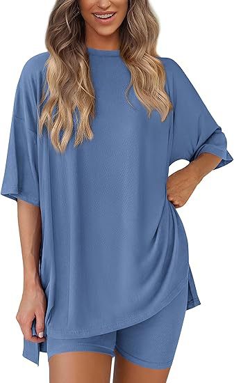 Crewneck Two-Piece Set For Women Summer Casual Oversized Split Hem Shirts & Side Pocket Biker Shorts Minimalist Lounge Wear Soft Viscose Fabric Comfy Homewear Cozy Pjs#Summervibes